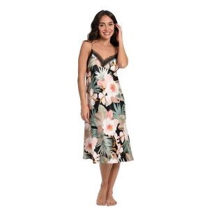 Lilac+London | Floral Tropical Print Lace Lined Midi Nightgown Size Large